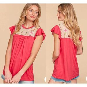 Ivory & Coral Embroidered Top